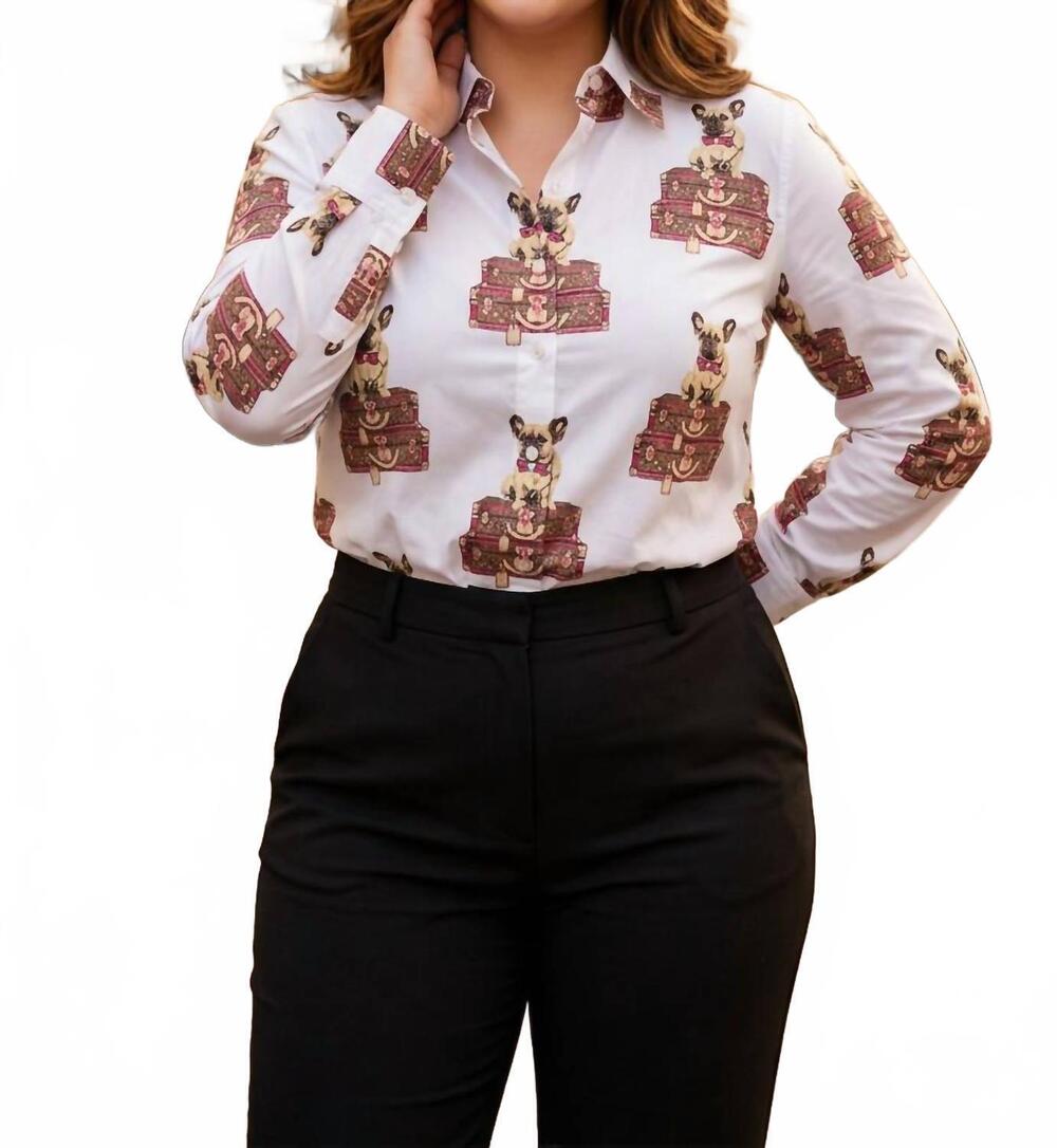 NEW DIZZY-LIZZIE long sleeve rome shirt in bull dog sitting lv luggage